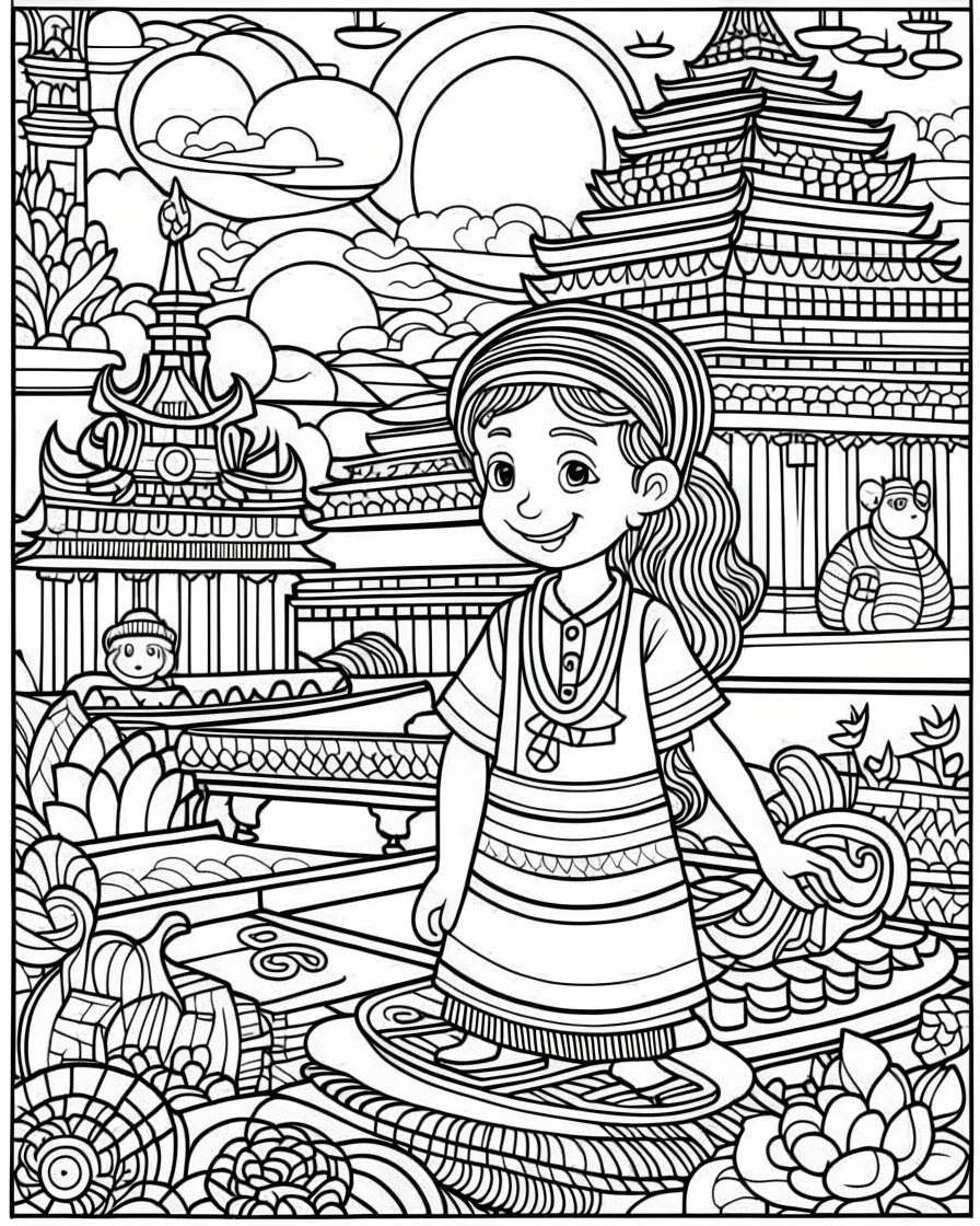 coloring pages for kids, Thai line art , 3D paper art, illustration cartoon style, thick lines, low detail, black and white, no shading, --ar 85:110