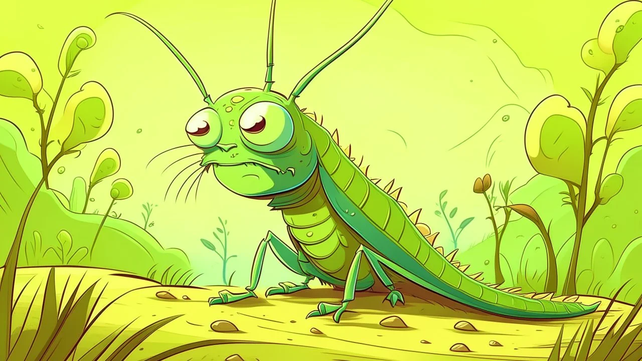 fantasy cartoon style illustration: a grasshopper hopped out of his burrow