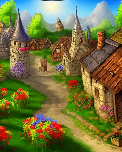 medieval fantasy village with flowers rpg art painterly