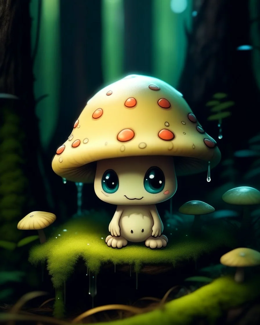 A melancholic kawaii mushroom with a tiny, frowning mouth and big droopy eyes, sitting on a mossy log in a quiet and peaceful forest, lost in its own thoughtsto add personality