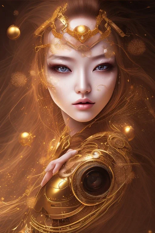 wonderfull japanese woman, curves, robotic, golden long hair, hair covering one eye, ultradetailed fine art photo of a indian, weet face portrait, snow flakes particles, 8 mm len