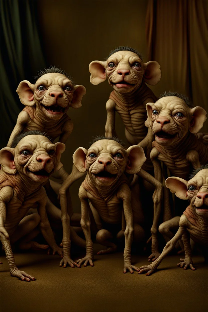 many Photorealistic Flea Circus contortionistic adorable creatures: group selfie: photography by Annie Liebowitz: ultra high definition, intricate details, 8K --ar 3:2