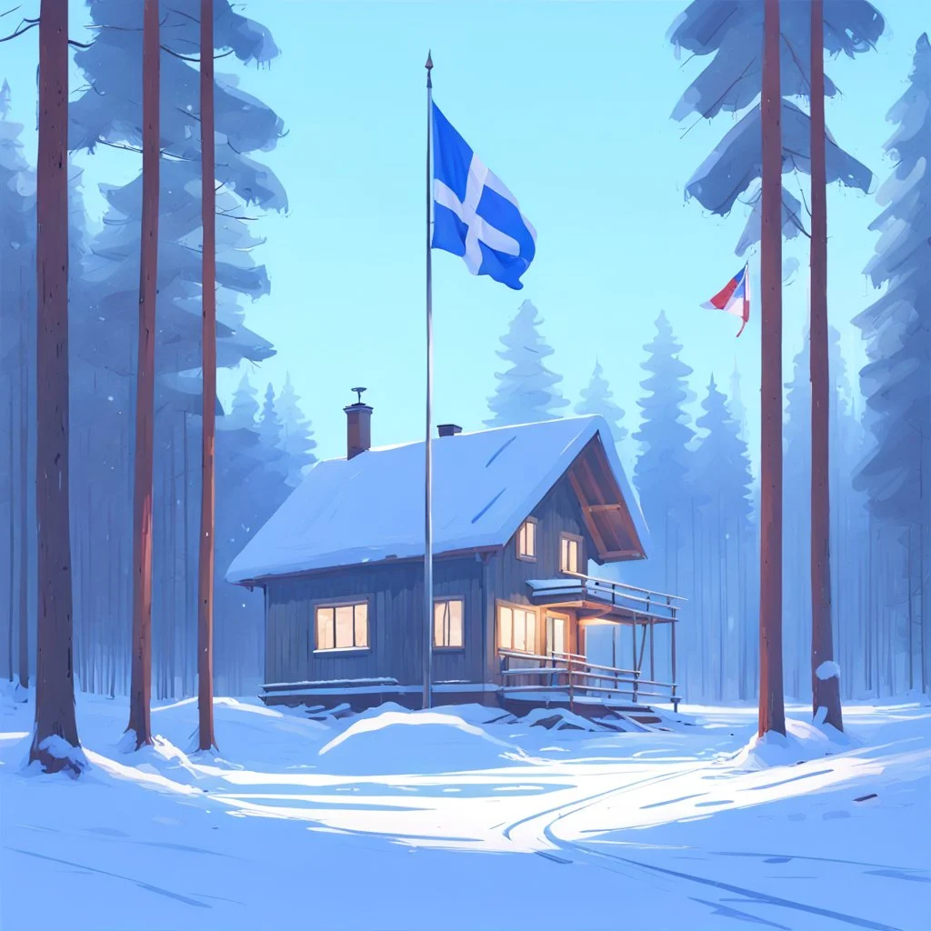 house in the forest, Winter, snow, very cold, Finnish flagpole, Finnish flag, Simon Stålenhag style