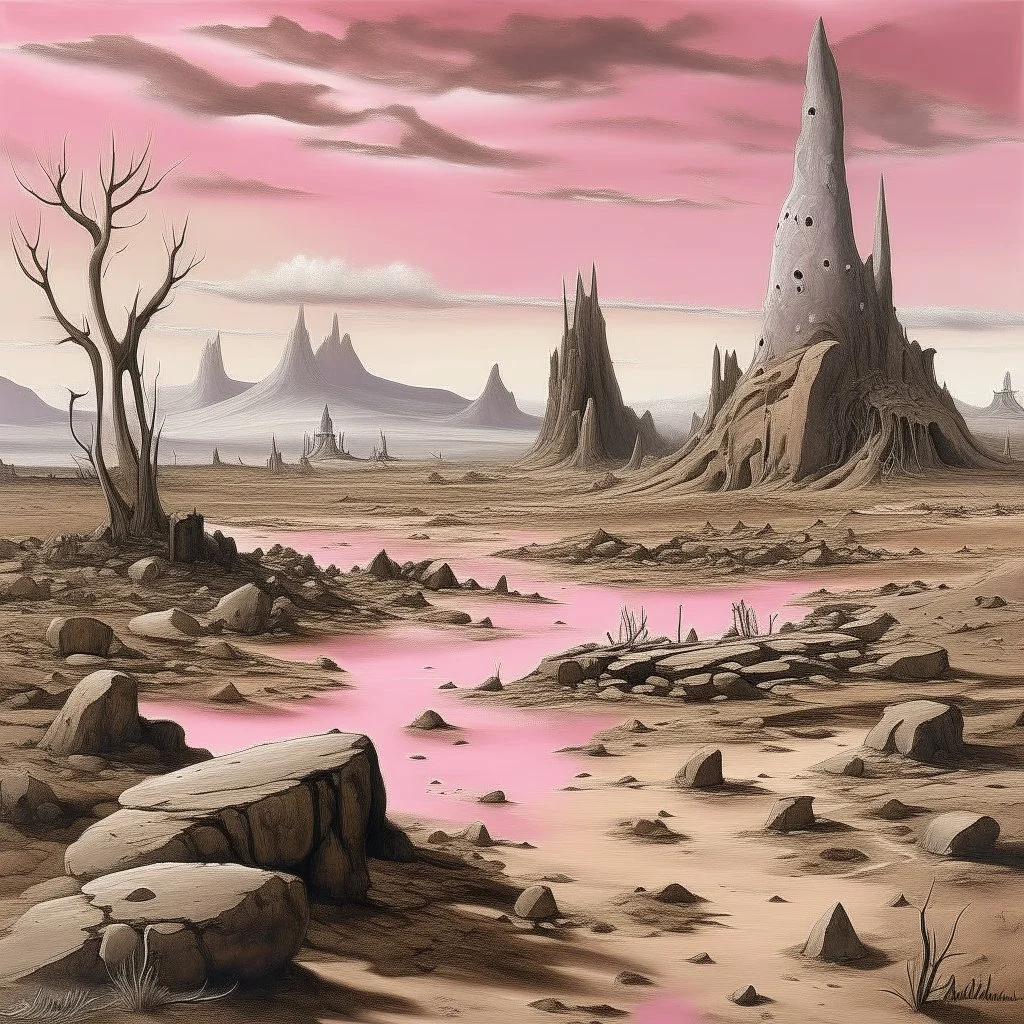 A grayish pink magical wasteland with rune rocks painted by Salvador Dali