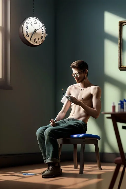 A young man sitting on a chair giving himself an injection, medicines and drugs on the table next to him, a clock on the wall, 8k, finely detailed, photo realistic.