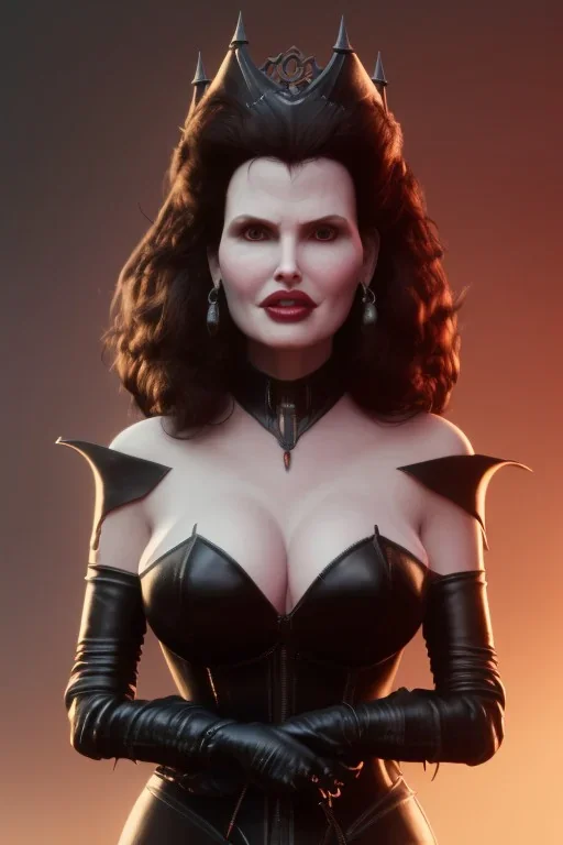 Geena Davis as evil queen in black leather, leather, busty, cleavage, angry, rage, stern look. character design by cory loftis, fenghua zhong, ryohei hase, ismail inceoglu and ruan jia. unreal engine 5, artistic lighting, highly detailed, photorealistic, fantasy