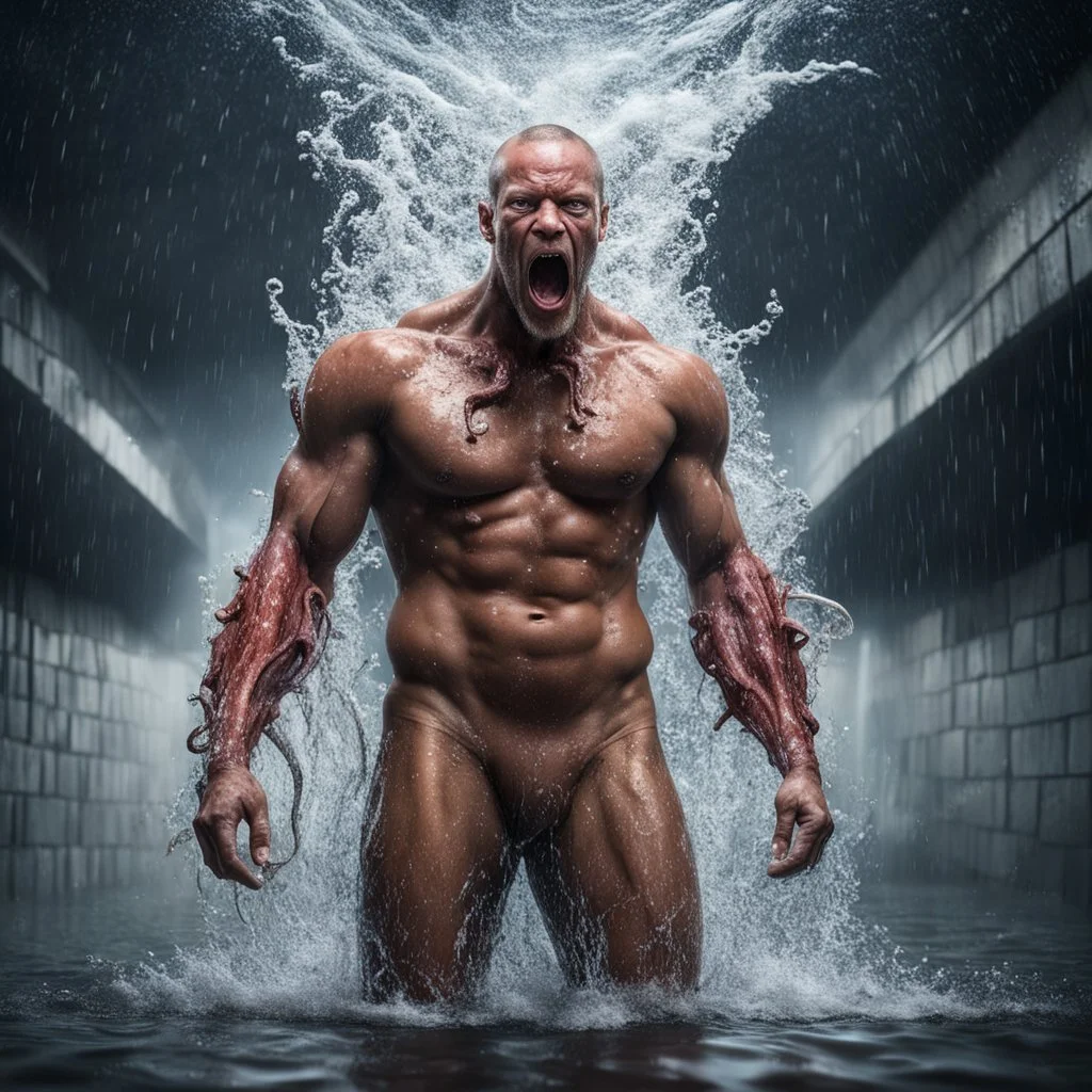 Hyper Realistic Shirtless Muscular Octopus Head Man standing in a water flood tunnel with big wave splashes at rainy night