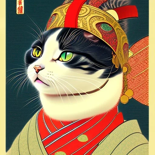 Ukiyo-e Style ,cute cat, with full details, full HD