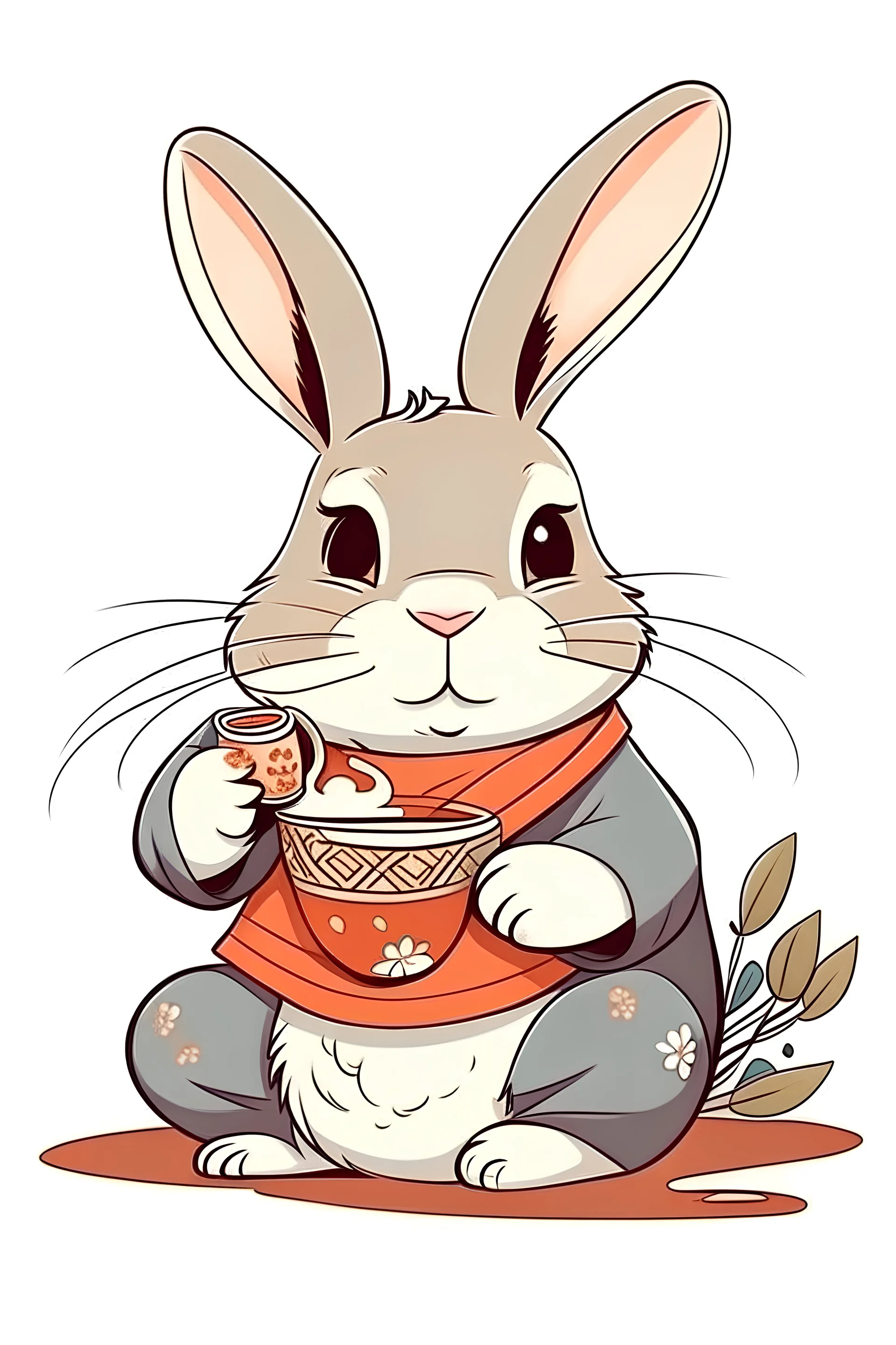 a humain rabbit in japanese style drinking a coffee