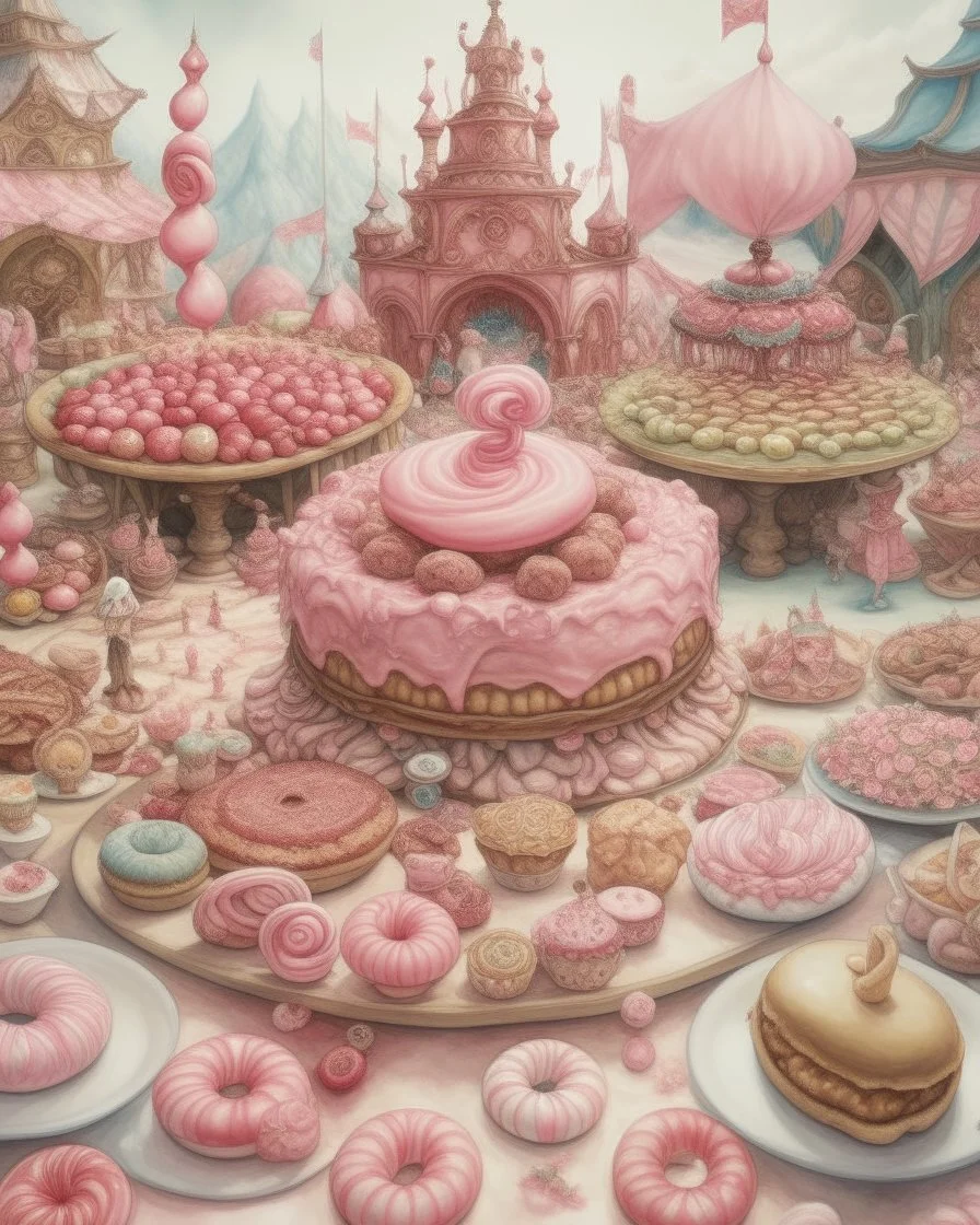 A light pink mystical carnival made out of cakes, cookies, and donuts painted by Albrecht Durer