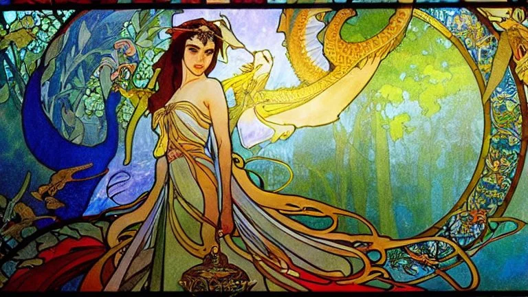 art by Alfons Mucha, stained glass motif, whole body image of beautiful Emilia Clark as Daenerys Targaryen in a mystical enchanted forest standing next to a dragon, HD 4K, sharp detail, photo-realistic accurate face and features, cinematic lighting, award winning imagery