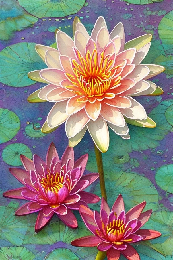 Waterlily flowers watercolor patchwork, fantasy, fantastic, no corners, Kandinsky dot line drawing, highly detailed, exquisitely intricate, beautiful, clear, high quality, colorful Modifiers: Ernst Haeckel Cathrine Abel