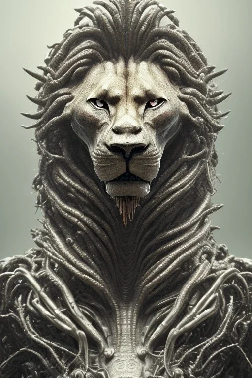  lion alien, head,8 eyes, evil, 8k, finely detailed, photo realistic, HR Giger style