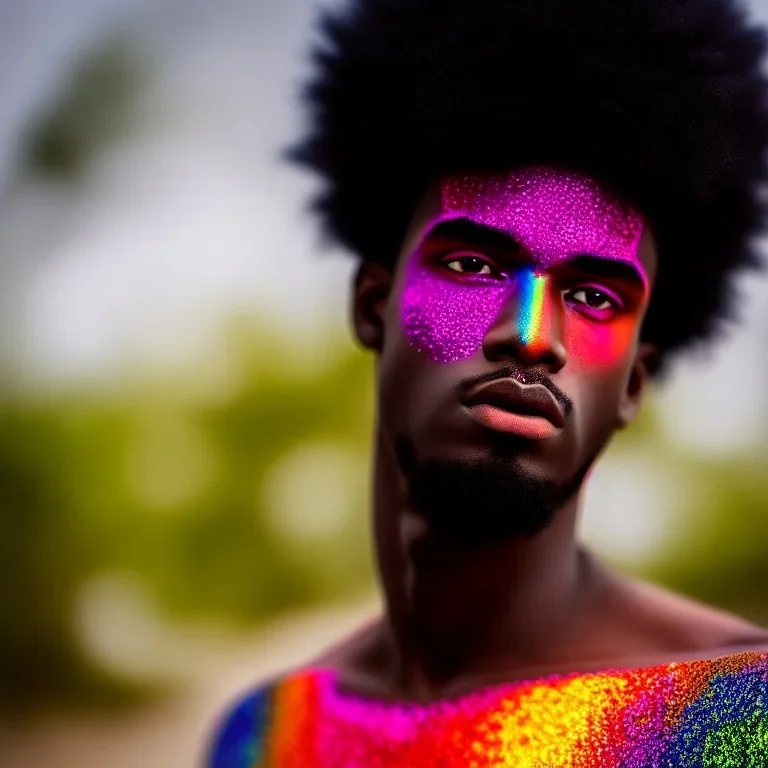 full body shot, masterpiece, best quality, one boy, dark skinned, sparkling eyes, fluorescent skin, colorful makeup, afro, highly detailed body, sun light, 4K, RAW, depth of field, high contrast, realistic details, 24mm