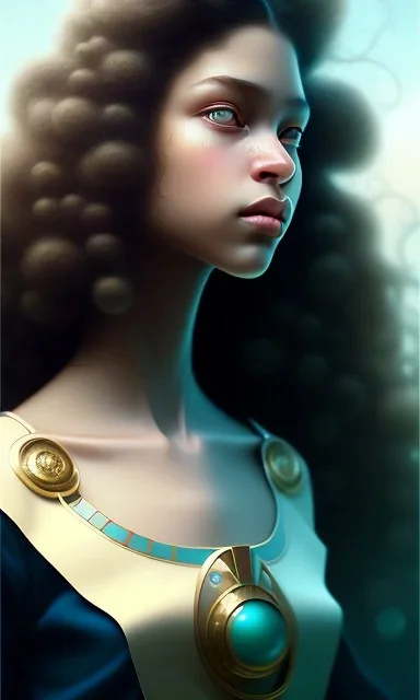 young girl, cute, beautiful, long curly hair, black hair, light green skin, flat nose, black eyes, big eyes, turquoise dress, head and shoulders portrait, 8k resolution concept art portrait by Greg Rutkowski, Artgerm, WLOP, Alphonse Mucha dynamic lighting hyperdetailed intricately detailed, avatar pandora