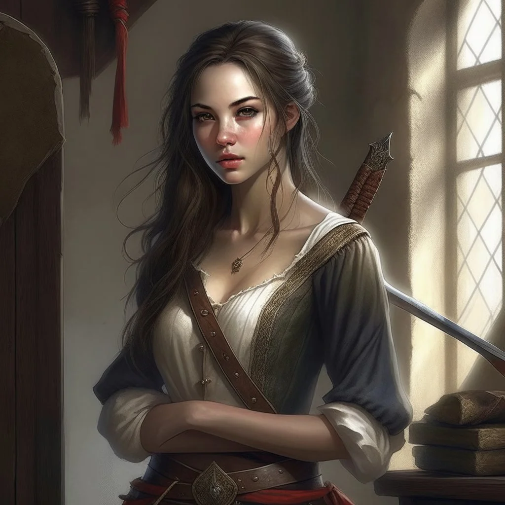 pretty girl, aged 17, brunette, conventionally attractive, skinny, medieval, assassin