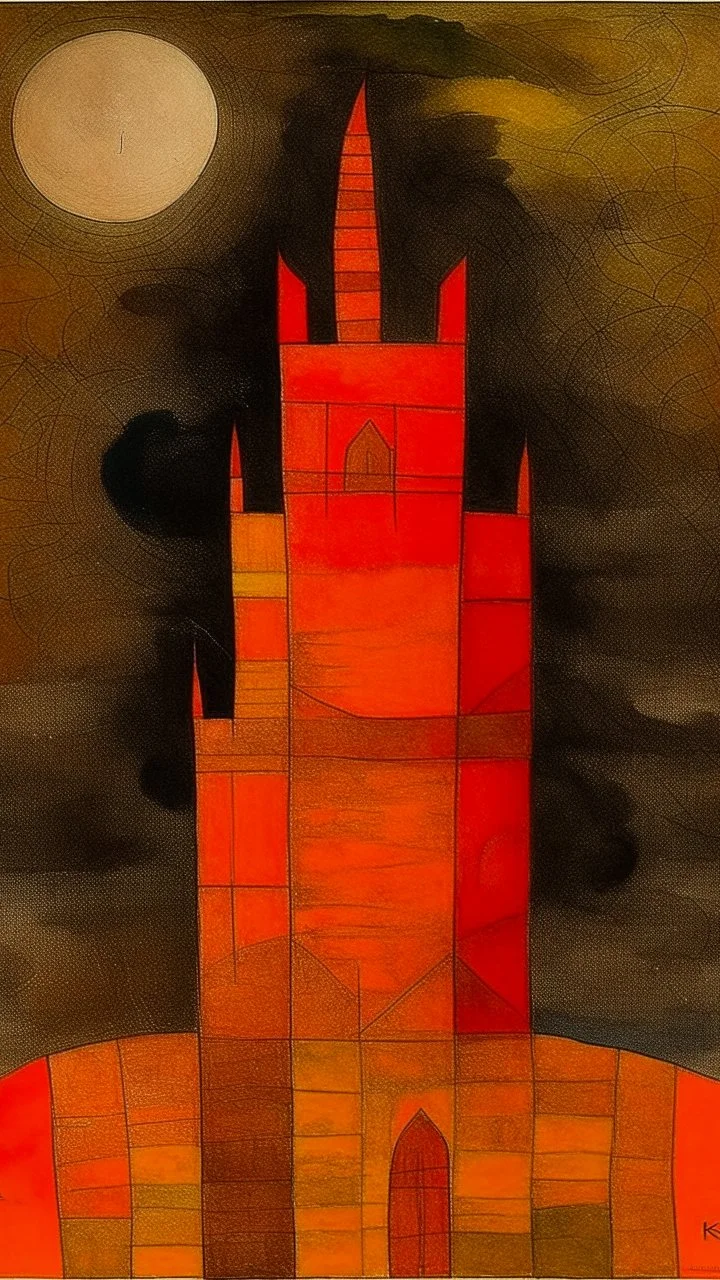 An orange colored lightning temple painted by Paul Klee