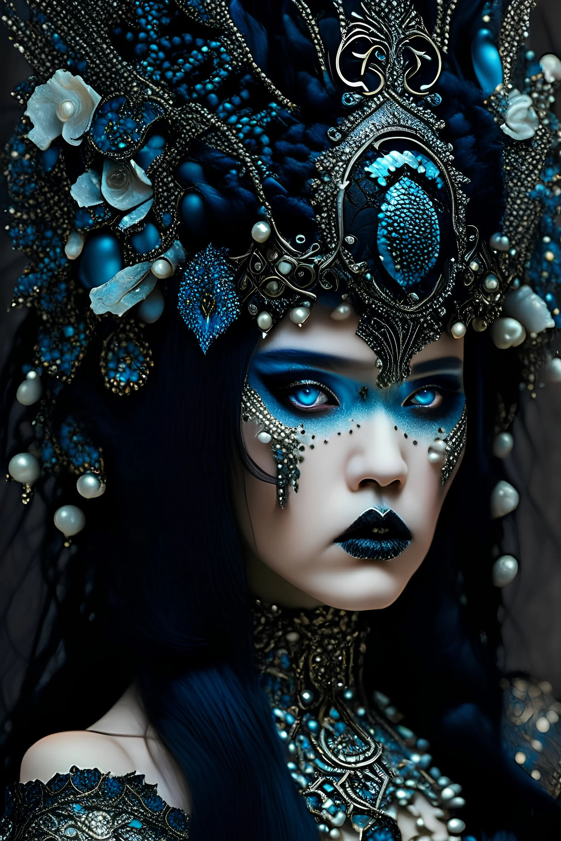 Beautiful young faced voidcore metallic filigree steampunk woman black haired portrait textured azurite ribbed hát headdress ribbed with voidcore style mineral stone ribbed headdress, black pearls i, white crystals n the long black hair, textured floral embossepattern embossed decadent black and light blue and beige costume extremelmly detailed intricate 8 k organic bio spinal ribbed detail of floral embossed voidcore decadent angelic background resolutio maximálist concept portrait t art