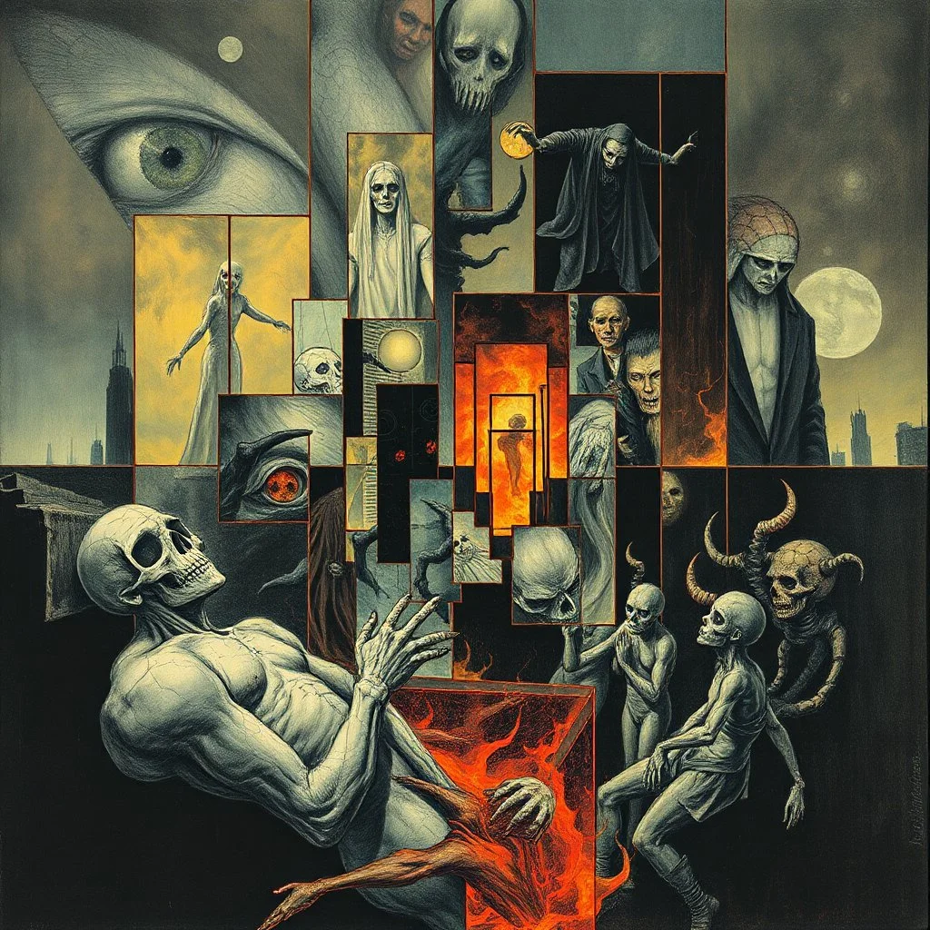 nihilism, mourning damned souls, gestalt loop, color pencil illustration, by Otto Rapp and Moebius, surreal, horror, fragmented collage, abstract, overlapping cel boxes shuffled and offset composition, moody, sinister