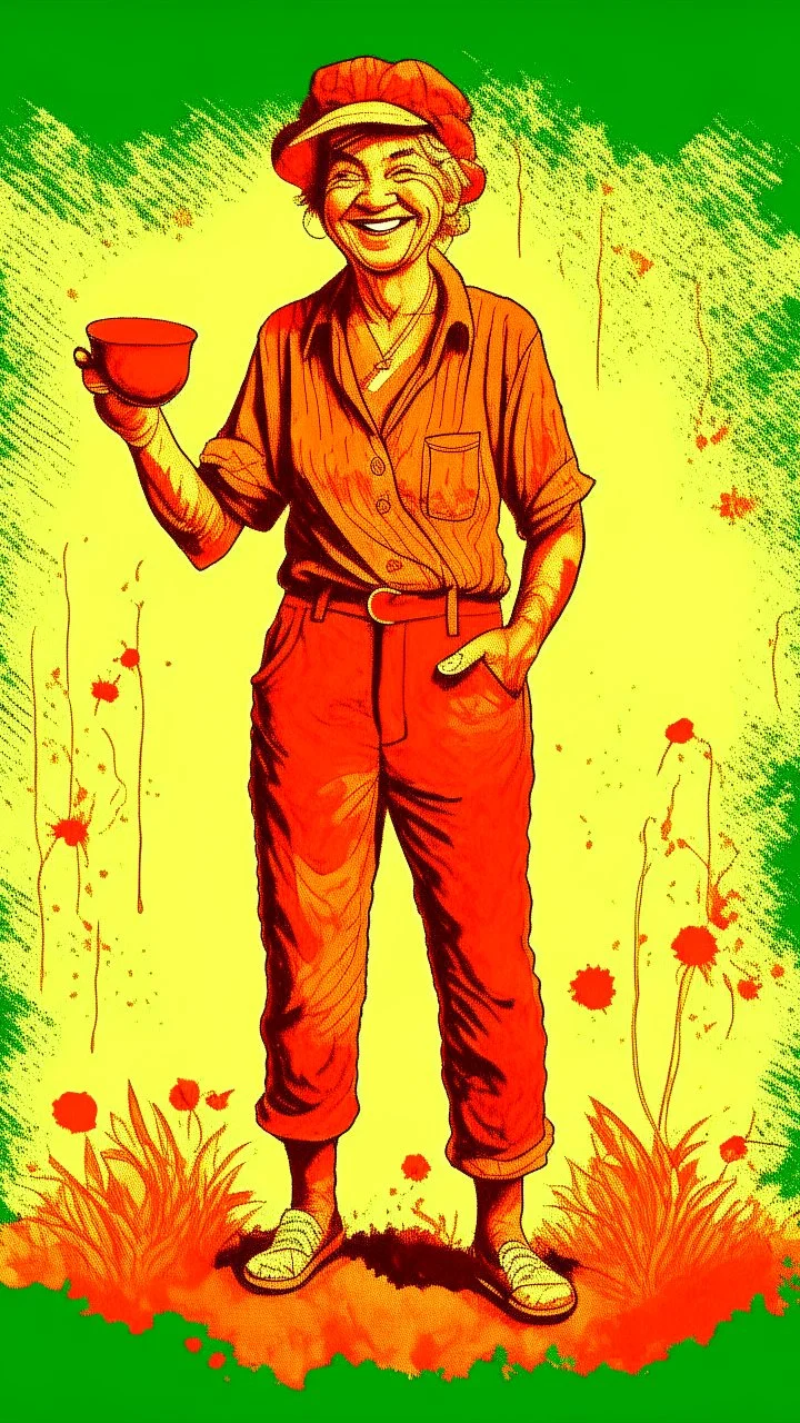 full body of an old woman in a bloody worker overalls smiles and proudly holds a coconut from which she drinks pleasantly, in the background reality disintegrates into a digital abyss, in the style of Umberto Boccioni