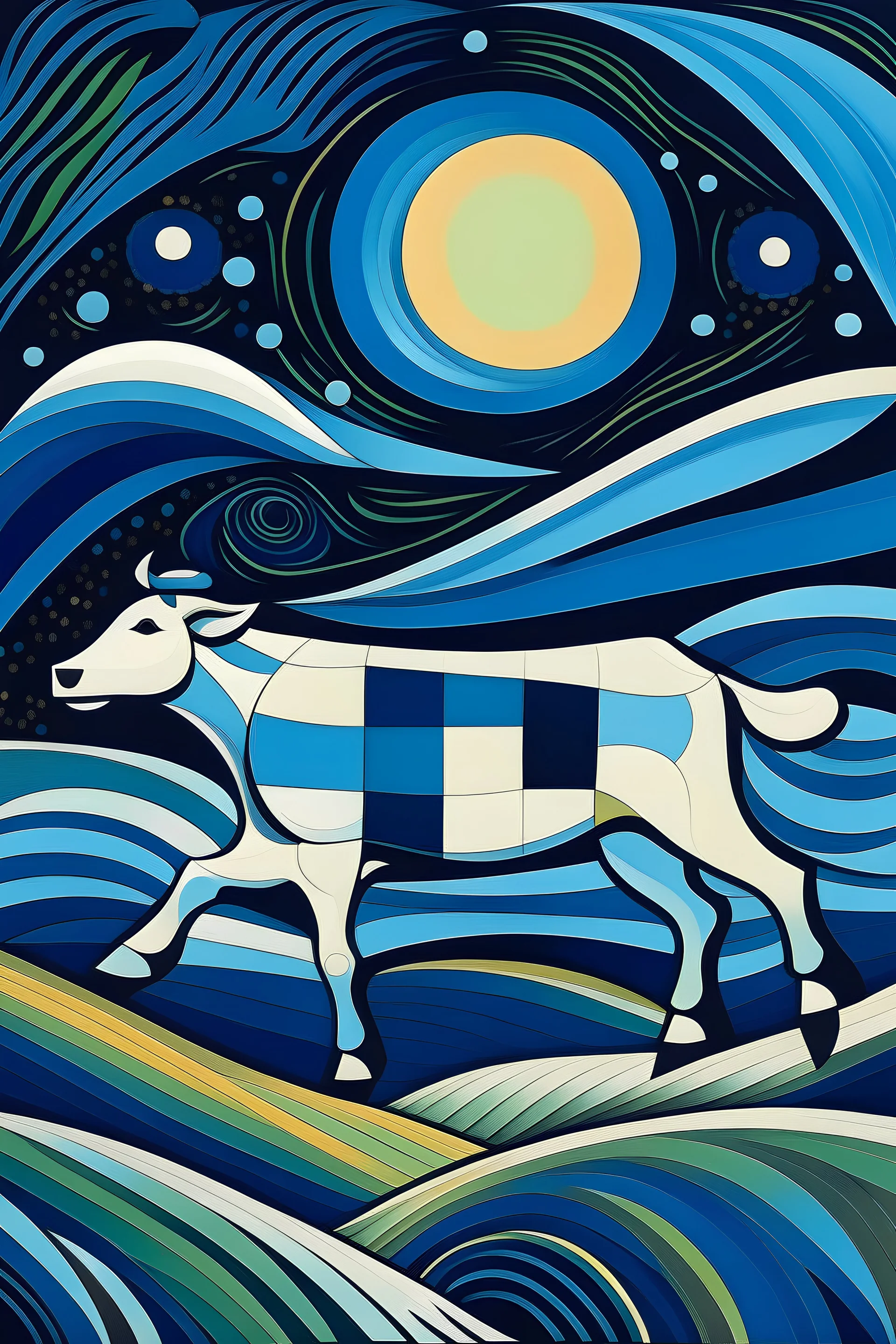 una vaca saltando en la llanura pampeana argentina bajo una luna brillante al estilo de JUAN GRIS