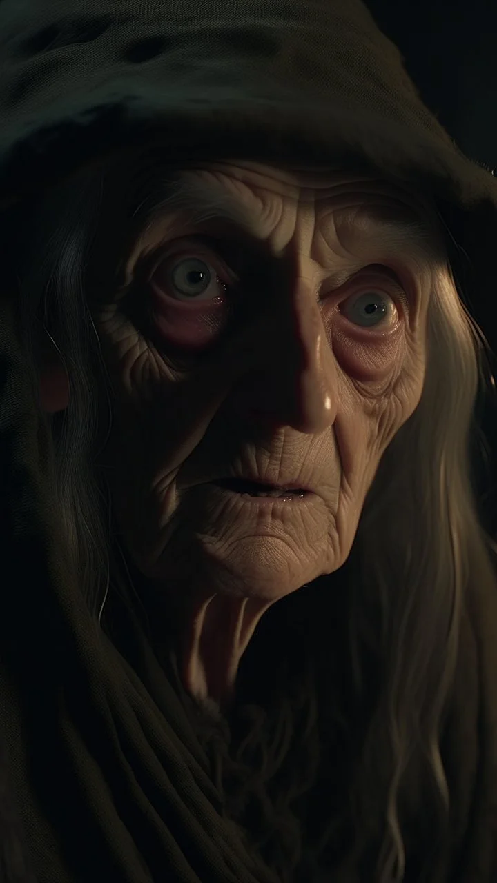 Crafting a terrifying 8K depiction of an old women witch , Her presence exudes an unsettling aura of malevolence, instilling fear in all who behold him.