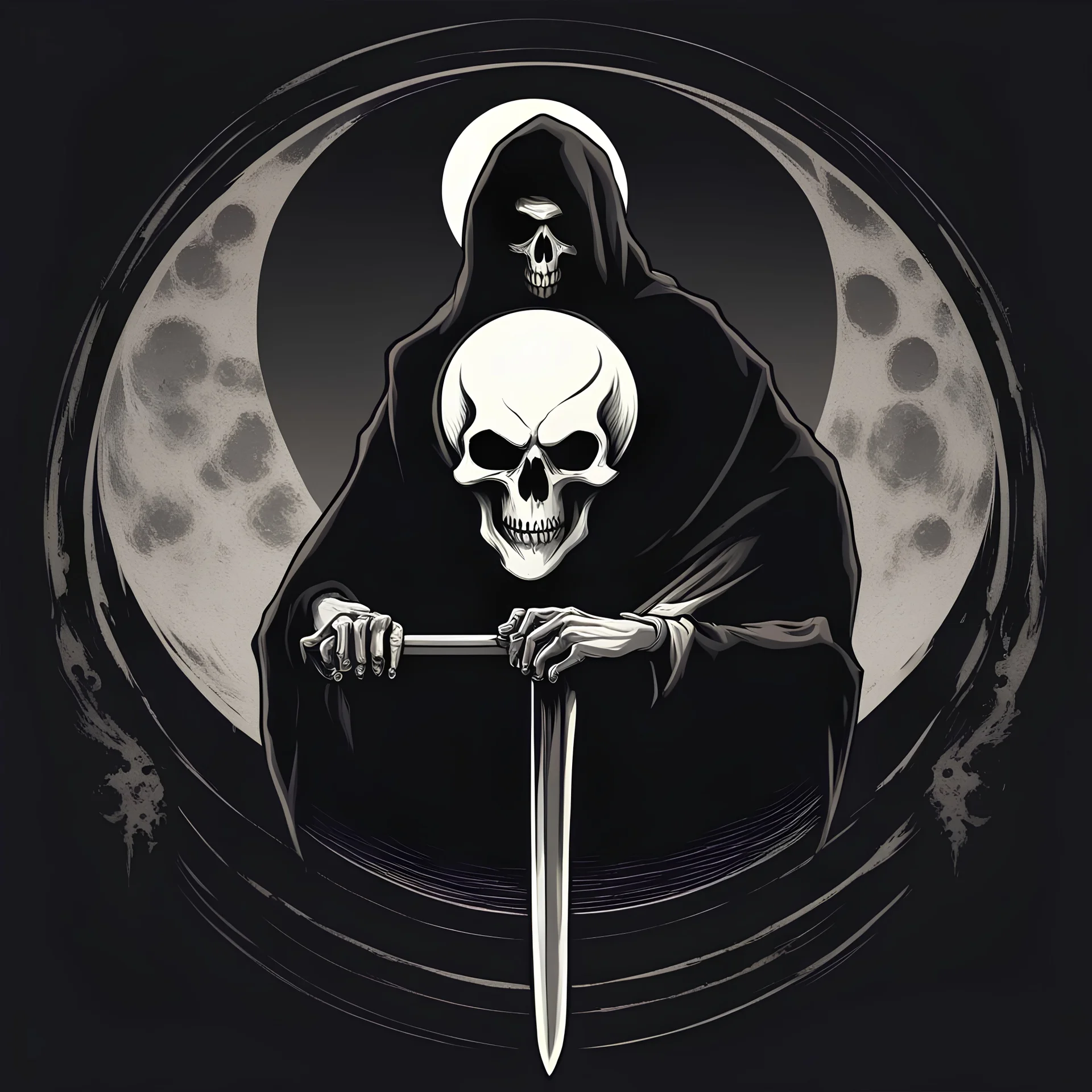 a minimal logo for a brand called "Reaper's Moon Digital Art" perfect text, simple, cloaked grim reaper skull superimposed over a full moon, scythe within the curve of the moon