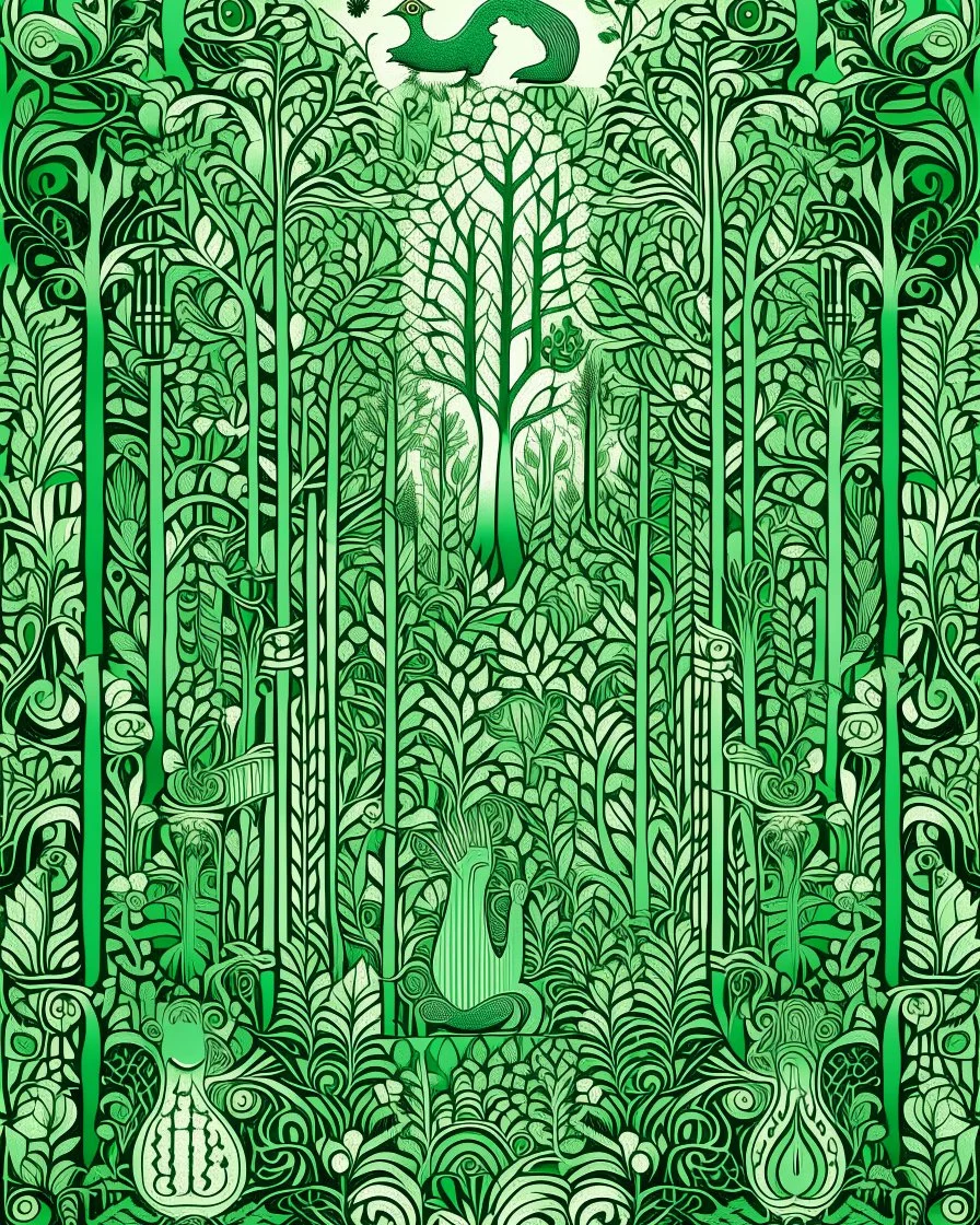 A mint colored forest with music notes designed in Mehndi design painted by MC Escher