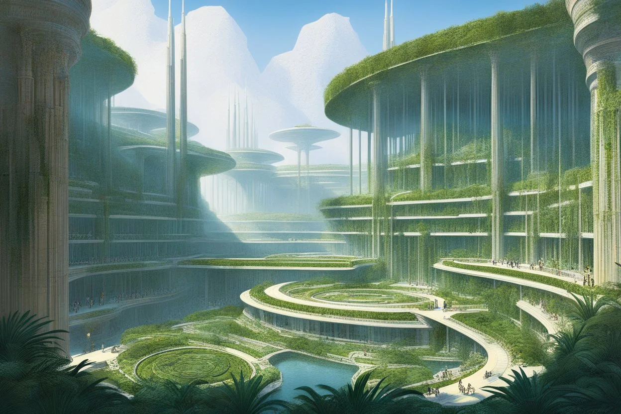 [high res illustration by Jean-Claude Meziere with Kupka's palette] The Hanging Gardens of Babylon, once a marvel of ancient beauty, now transformed into a futuristic starship construction site that rivals even the grandeur of Utopia Planitia. The air hums with the sound of machinery and the scent of metal and innovation. Giant cranes reach towards the sky, lifting massive components into place, while teams of engineers and technicians scurry about, working tirelessly to bring the vision of int