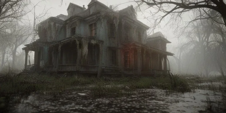 abandoned vilage, rain, intricate detailed, terror, horror, particles water, fog