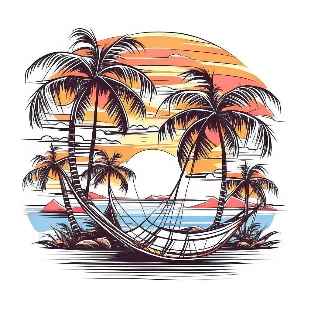 A tropical paradise island with palm trees and a hammock, dreamy, idyllic, sunset glow lighting, T-shirt design graphic, vector, contour, white background