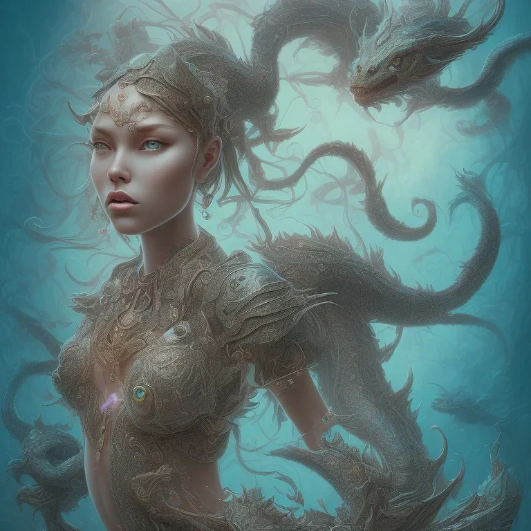 sango fantasy, fantasy magic, intricate, sharp focus, illustration, highly detailed, digital painting, concept art, matte, artgerm and paul lewin and kehinde wiley, masterpiece sexy lips Asian afro lips black African lady body mermaid turquoise Dragon head silver space lady sea under water mermaid pretty skull