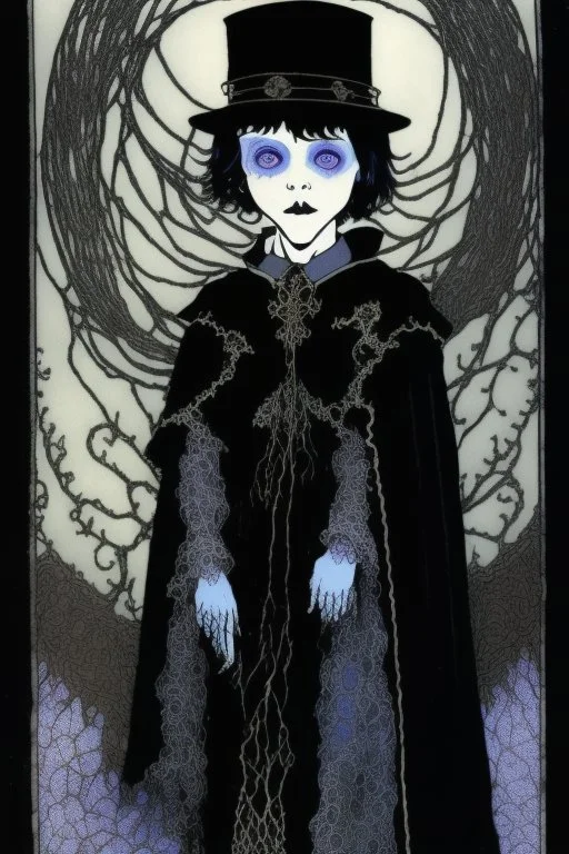 7 year old boy, necromancer, friendly, looks dead, surrounded by weird smoke with eyes, wearing black robes, in the style of Harry Clarke