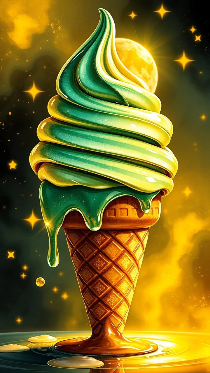 art create a 4k image of fof ice cream cone whose company name is Ben & jerry`s , illustration in the style of Luis Royo, large droplets of viscous and syrupy fluid, burnished jade, planet earth in crystal shape with the golden sun and crystal white transparent moon , Al. In side a biscuit ice cream con and glowing stars in the background with golden yellow, ink black