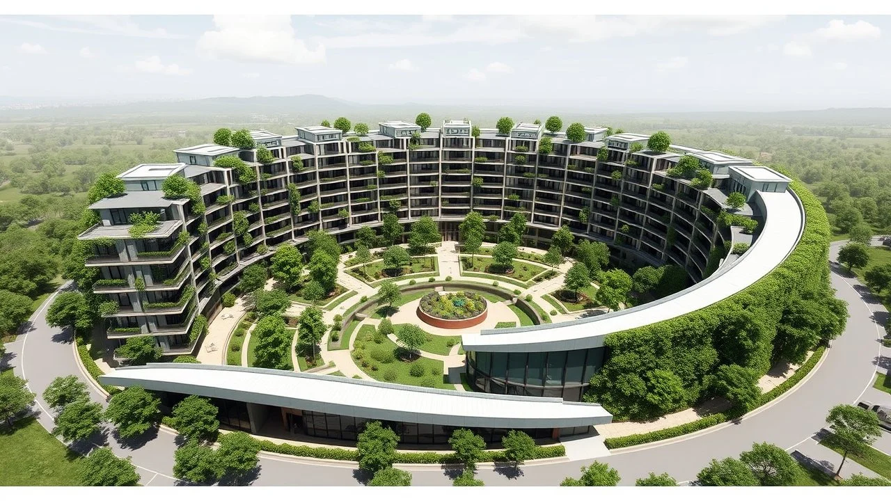 A unique residential complex designed as a large, smooth torus (doughnut) shape. The circular structure encloses a lush, green courtyard, and the outer walls are a mix of glass and vegetation. The curvature of the torus creates a sense of fluidity and unity, with the apartments arranged to follow the continuous curve of the building. Award-winning photograph.