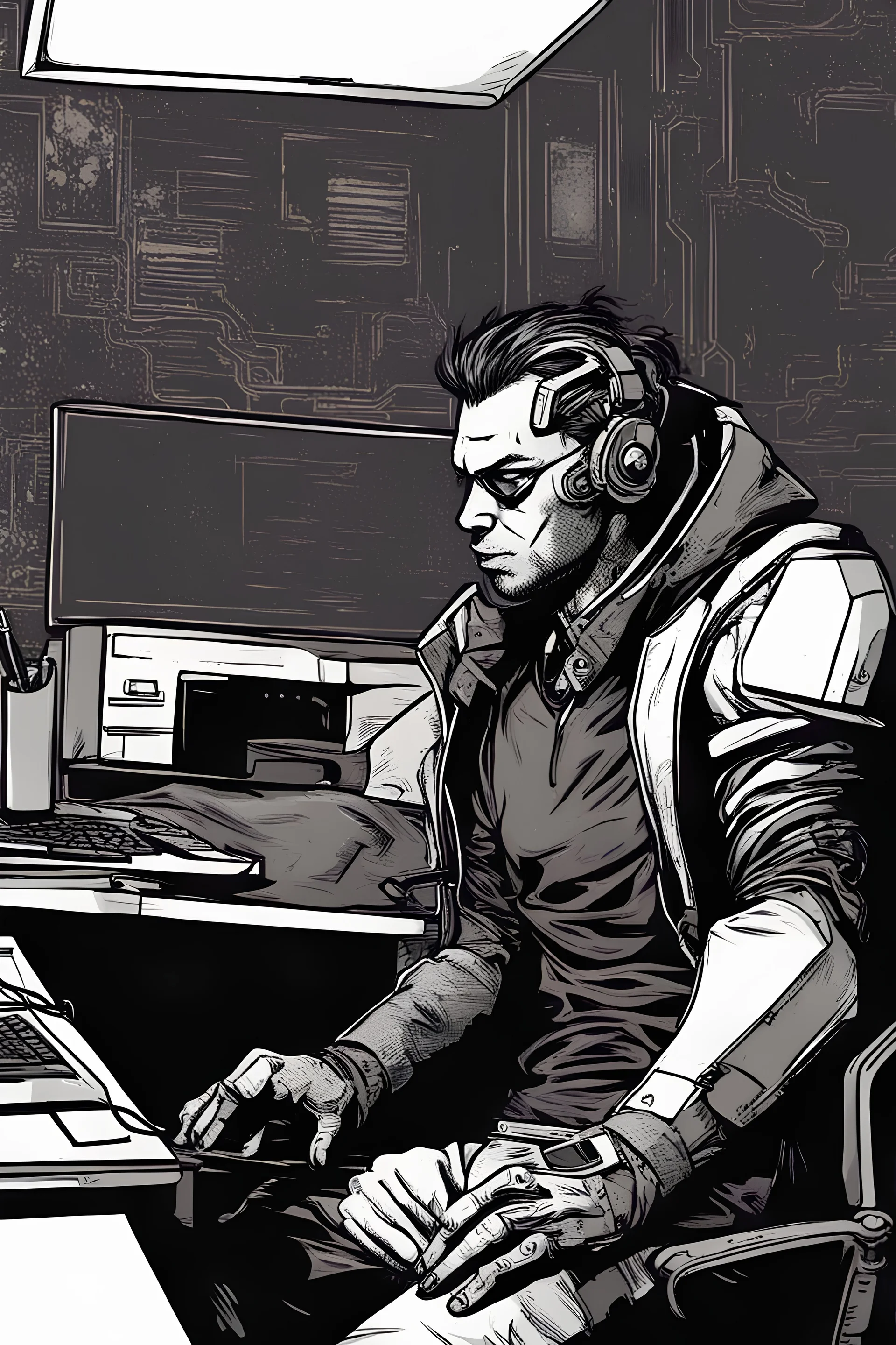 man, cyberpunk, sitting at a computer, comic book art style,