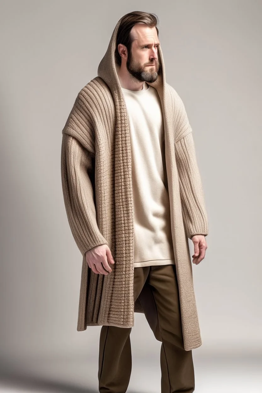 Man's large and long and beige knitted jumper opened on front in square shape