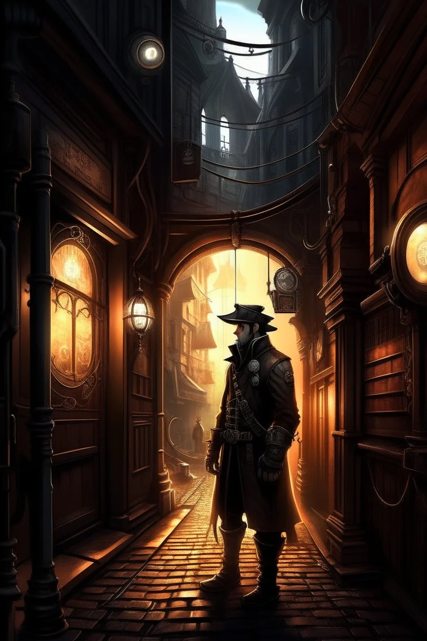 man in dark clothing, hiding around a corner., looking out on a brightly lit steampunk street