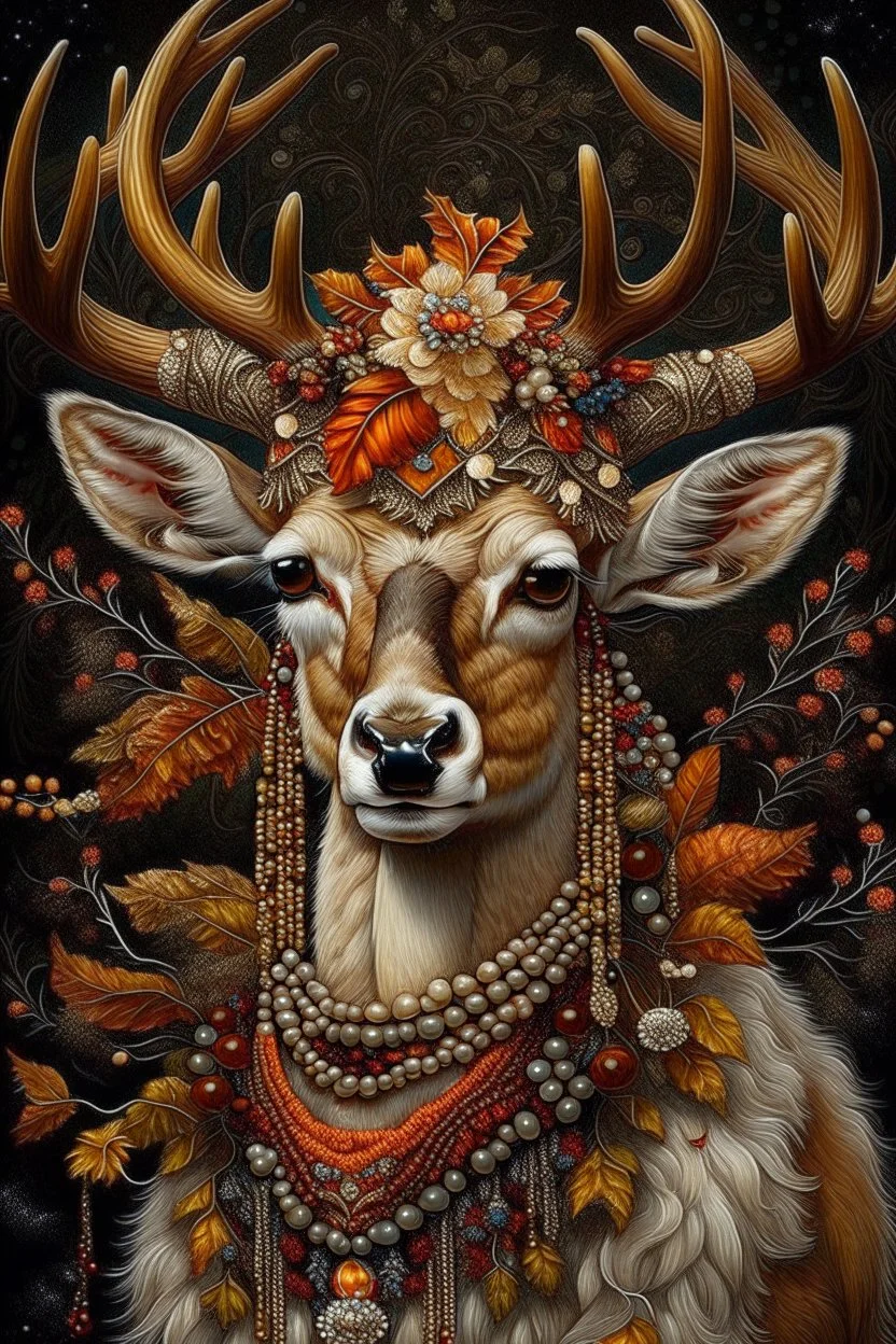 Beautiful deer portrait I amazing ly detailed textured botanical fur and textured skin adorned with berries, autumn ginger and orange leaves and white camelia flower, and copper beads and pearls rococ style headress, wearing humanoid rococo floral detailed ornate lace style costume organic bio spinal ribbed detail of moonlight background extremely detailed hyperrealistic maximálist concept art