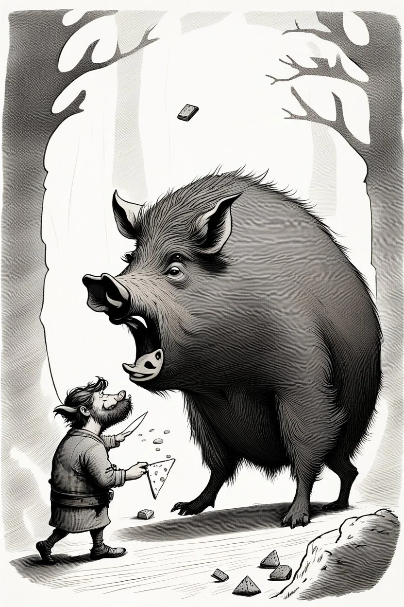book illustration, With the wild boar snorting, our brave dwarf stumbled. On day two, he regrouped, plotting a clever scheme, With a giant cheese wedge, he lured it like a dream.