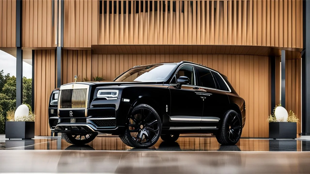 A (((Super Black Rolls-Royce Cullinan))) featuring a luxurious interior, advanced technologies, and a sleek body kit designed by MANSORY, exuding an air of sophistication and power