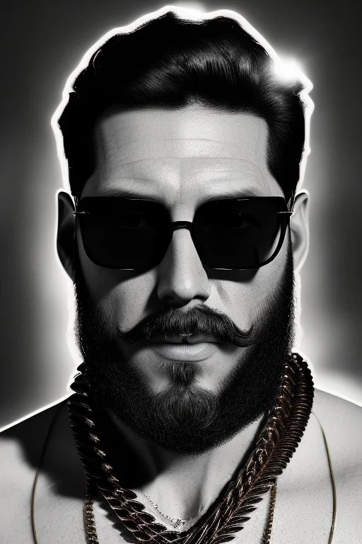 Artistic photo in the audacious style of Jill Greenberg, of man with a luxurious and striking style, abundance of jewelry, oversized square one-piece sunglasses,black beard, prints, extravagant, baroque scene , impasto style with thick textured strokes