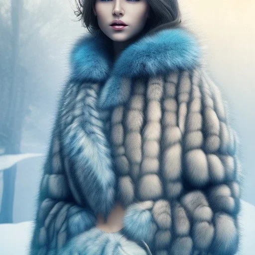 Woman in fur coat, ice, blue, forest, snow, beautiful, mountain, masterpiece, expert, 8K, hyperrealism, sharp focus, cinematic lighting