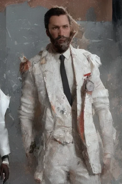 8K, a Highly detailed stunning portrait of Dom man with a submissive woman, white suit, beard, and short hair, bad boy