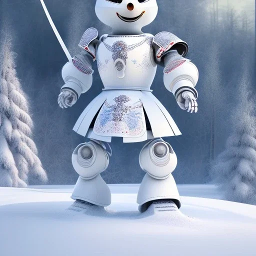 smooth hyper realistic, beautiful Japanese snow knight robot in crown, pale colors, dark cosmos background, extremely sharp detail, finely tuned detail, ultra high definition, 8 k, unreal engine 5, ultra sharp focus, accurate sword wings, positive smile, lot of details, fit within portrait, Ambiance winter, perfect composition, perfect hair, perfect hands, finger up gestures