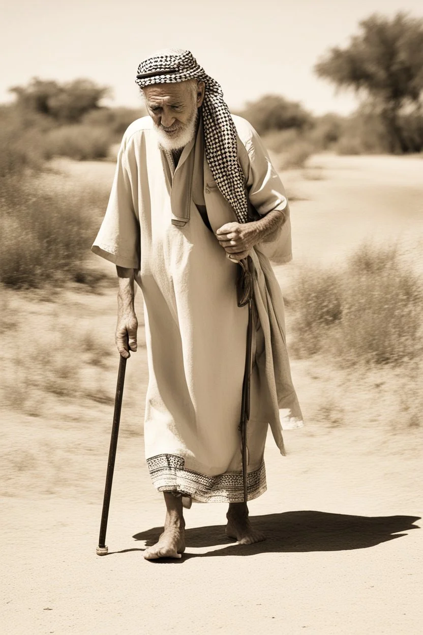 An old man wearing an Arabic keffiyeh, his back bent, walking barefoot, holding his cane upside down, looking back and holding his shoe in his hand.