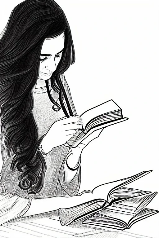 Pencil sketch of Young woman, Arab features,sad, long wavy hair, reading a book, full body، on lined paper