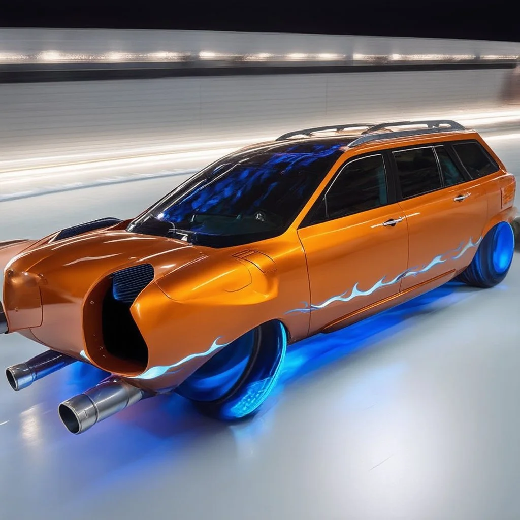 award winning car and driver photograph of a futuristic station wagon fighter-jet genetic-splice designed by only one vehicle per image painted metallic orange traveling at a high rate of speed, jet intake off of front center of vehicle and jet exhaust out the rear with bright blue flames painted on the hod and front quarter panels, bilaterally symetrical, more a high speed road vehicle