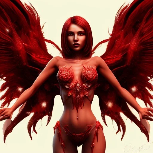 A full body portrait of a red dragon girl,smiling, wings, realistic,