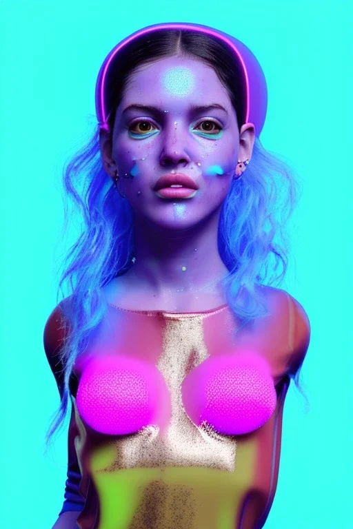 Ultra Realistic image, Rosalía artist, portrait, normal complexion, waist up portrait, long black eye line, sweet face, t-shirt with holes, inflatable open coat, gold pink and blue style, spray glow make up, geometric led jewelry, fog, hot, inflatable style latex coat, vibrant color, highly detailed, art stations, concept art, smooth, unreal engine 5, god rays, ray tracing, RTX, lumen lighting, ultra detail, volumetric lighting, 3d, finely drawn, high definition, high resolution.